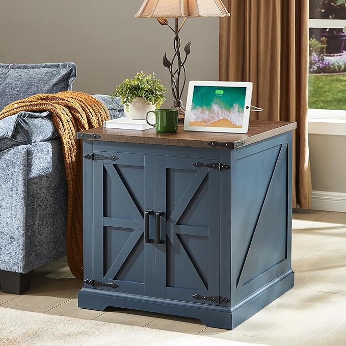 Farmhouse End Table with Charging Station,24" Large Sofa Side Table