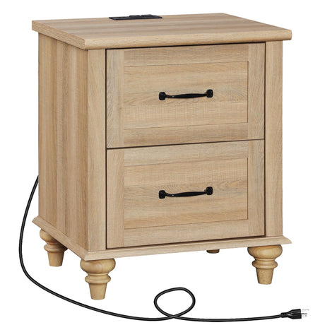 End Table Nightstand with Charging Station, Farmhouse Side Table for Living Room