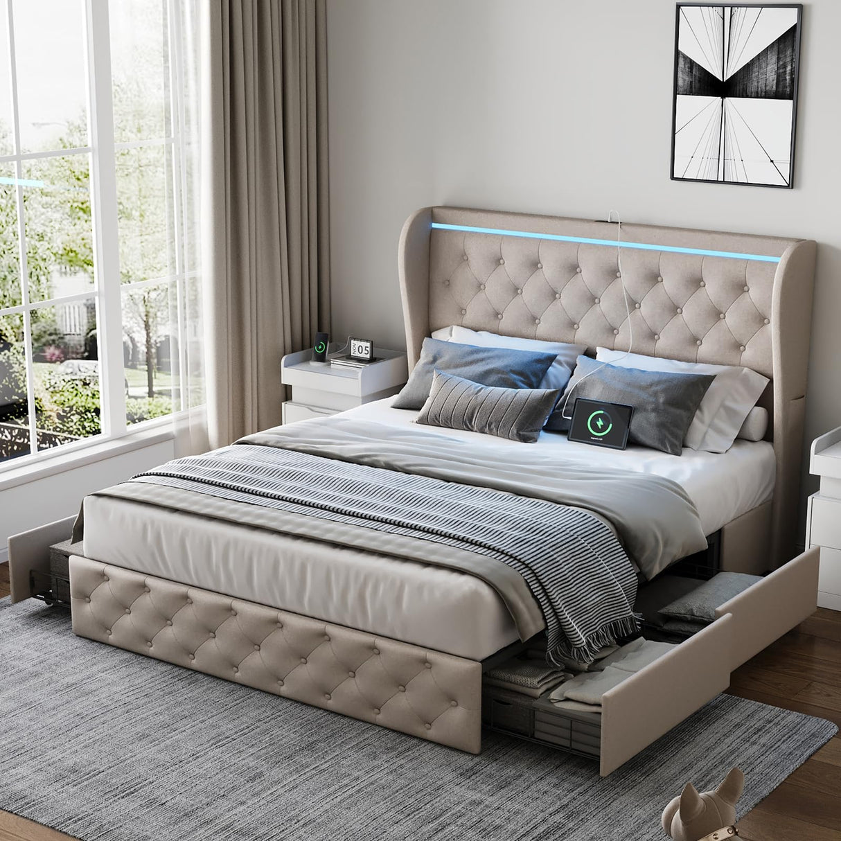 Bed Frame, Storage Headboard with Charging Station and LED Lights