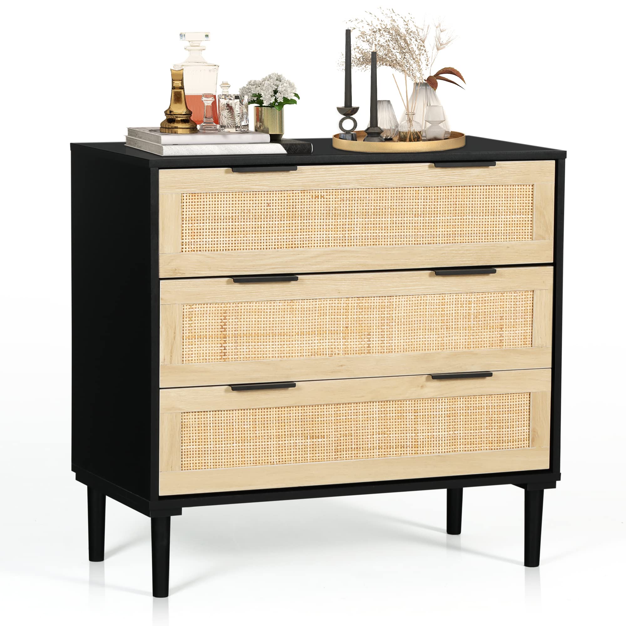 Rattan 3 Drawer Wood Dresser Boho Large Storage Cabinet Nightstand