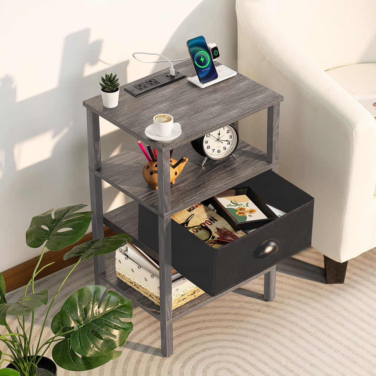 Nightstand with Charging Station and USB Ports, 3-Tier Storage End Table