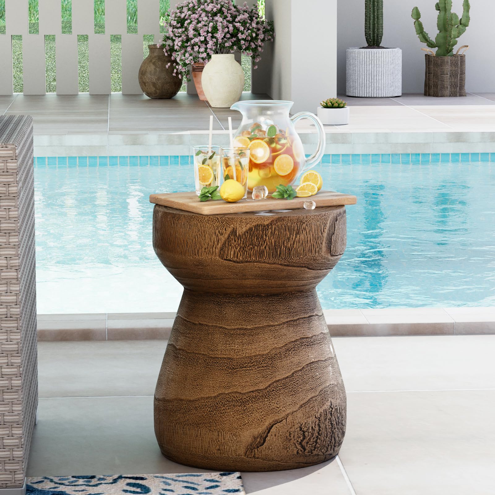 COSIEST Outdoor Side Table w Chessboard, 14''Concrete Faux Wooden Garden Stool, Lightweight Decor Outdoor Round End Table, Plant Stand for Garden and Deck, Brown - Bircata