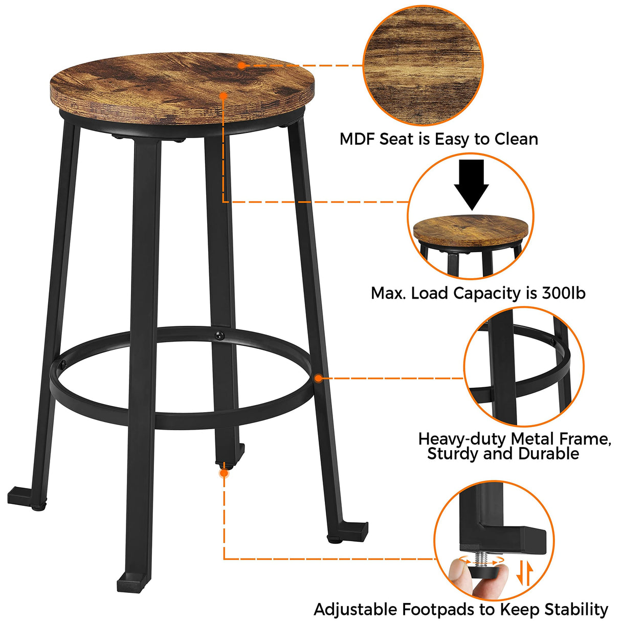 24 inch Bar Stools Set of 2 Counter Height Stools Industrial Tall Bar Chair Round Backless