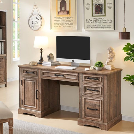 Farmhouse 76" Height Computer Desk with Hutch, Office Desk with Charging Station, Drawers and Storage Cabinet, Workstation for Office Home, Off White