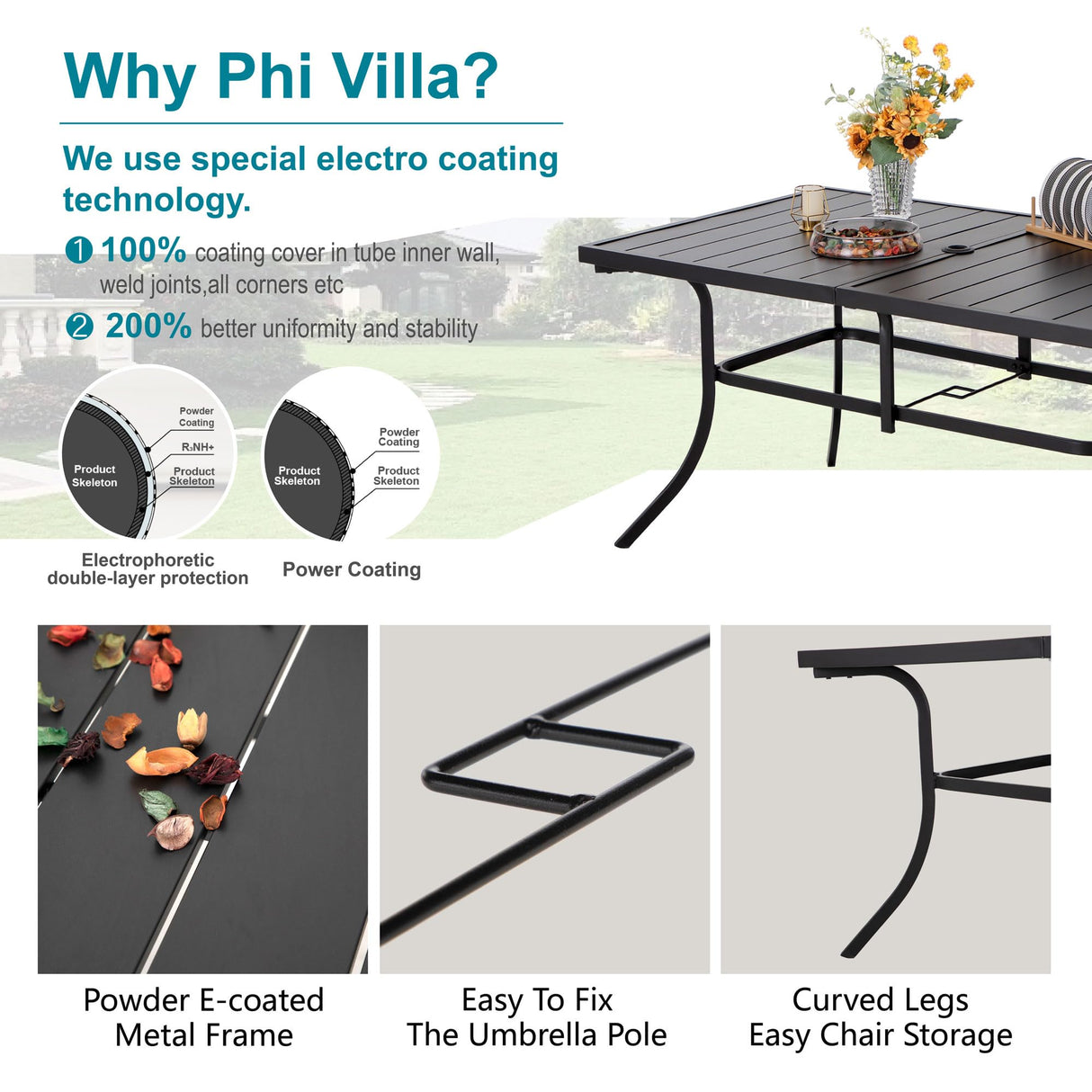 Patio Umbrella, 59"x35.4" Rectangle Metal Dining Table