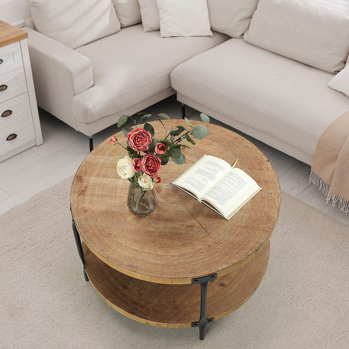 Round Boho Wood Coffee Table - 29.1" Farmhouse Natural Circle Wooden 2-Tier Coffee