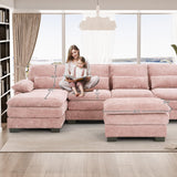 OUYESSIR 114" U Shape Sectional Sofa Cloud Couch for Living Room, Upholstery Comfy Modular Sofa, 4 Seat Chenille L-Shaped Sleeper Sofa with Chaise Lounge, Ottoman & Pillows, Light Pink