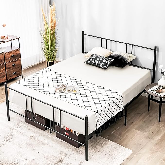 Full Size Platform Bed Frame, Reinforced Bed Base with High Headboard