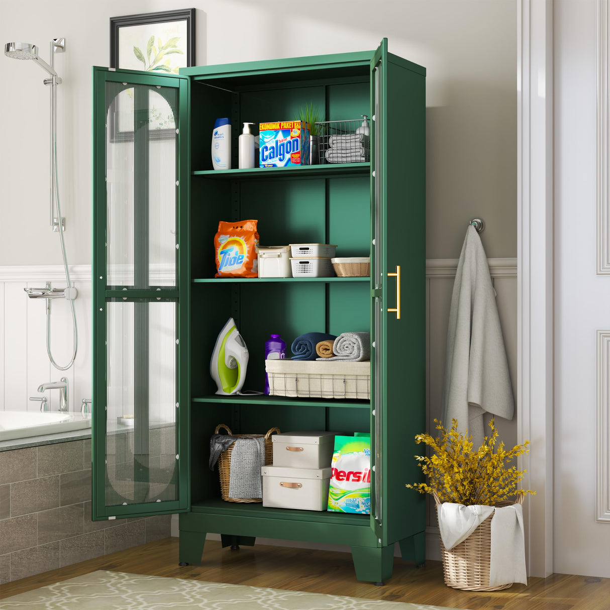 Metal Storage Cabinet, Kitchen Pantry Cabinet with 2 Cross Door Panels