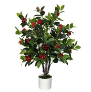 Artificial Camellia Tree 35in Faux Floral Plant with Red Flowers and Green Leaves