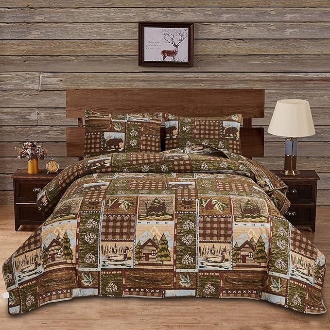 Reversible Lodge Plaid Bedding Moose Bear Quilt Full/Queen Size Rustic Bedspread Cabin