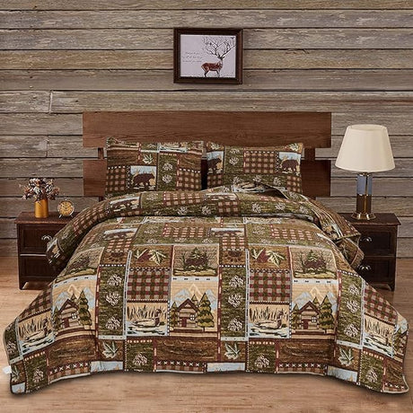 Home Rustic Bedding Lodge Moose Bear Quilt Set Full/Queen Size,3 Pcs Lightweight