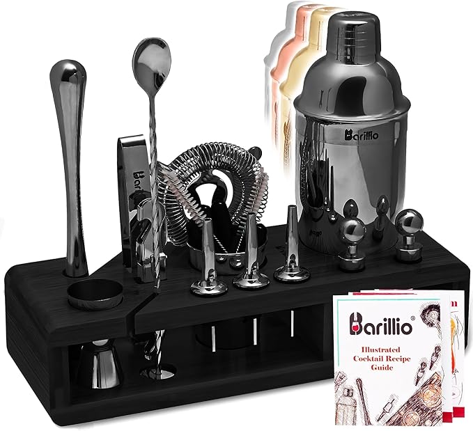 Silver Bartender Kit - Stainless-Steel Cocktail Shaker Set w/Black Bamboo Stand