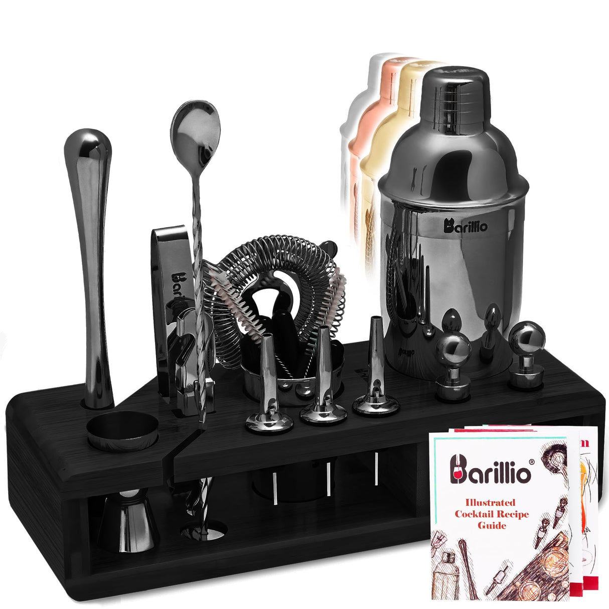 Black Bartender Kit - Stainless-Steel Cocktail Shaker Set w/Black Bamboo Stand