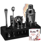Black Bartender Kit - Stainless-Steel Cocktail Shaker Set w/Black Bamboo Stand