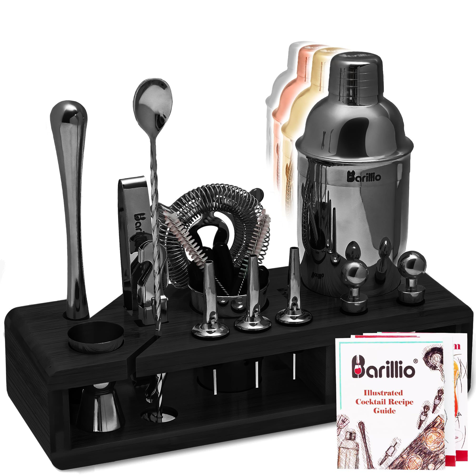 Black Bartender Kit - Stainless-Steel Cocktail Shaker Set w/Black Bamboo Stand