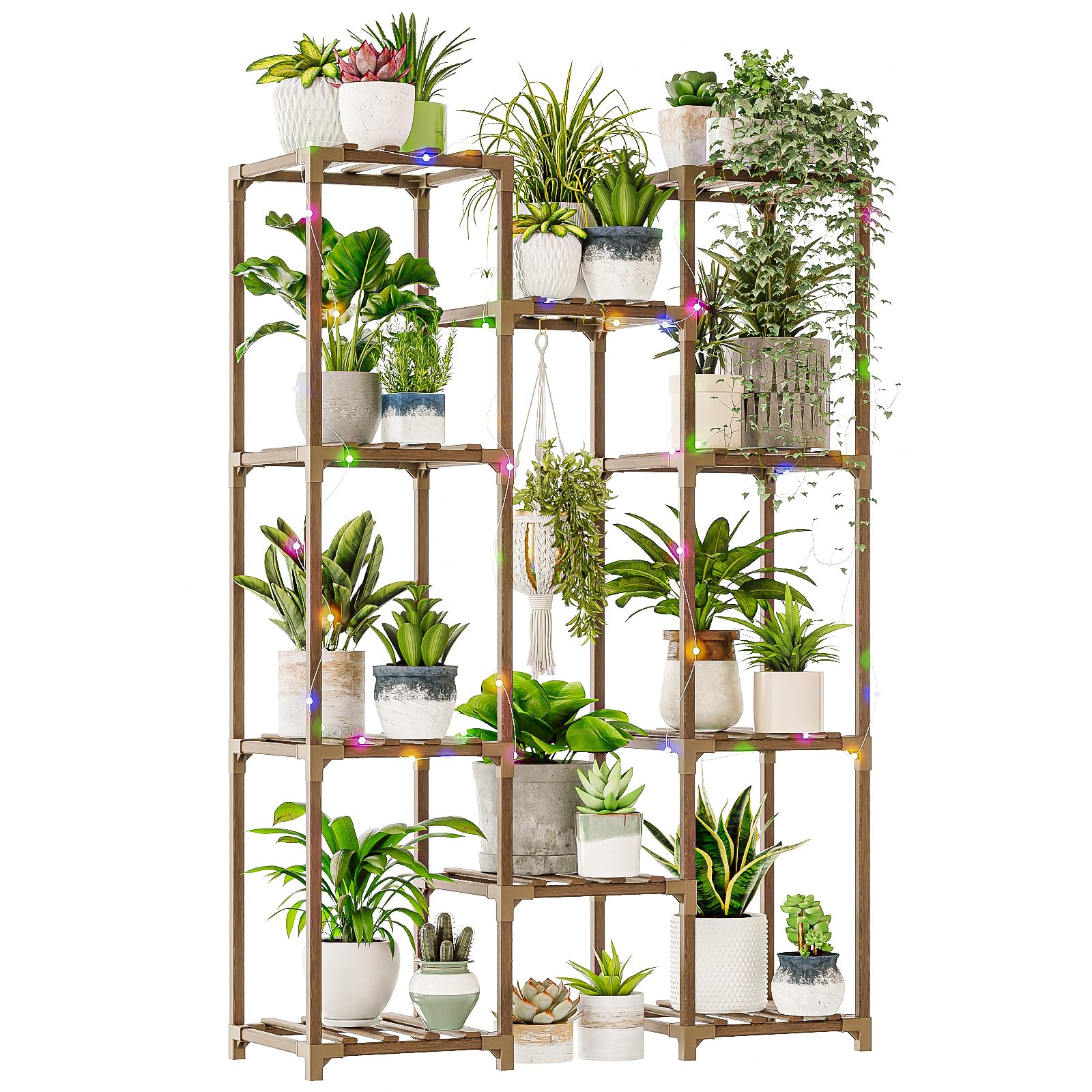 Bamworld Indoor Plant Stand with Fairy Lights – 10 Pot Wooden Shelf