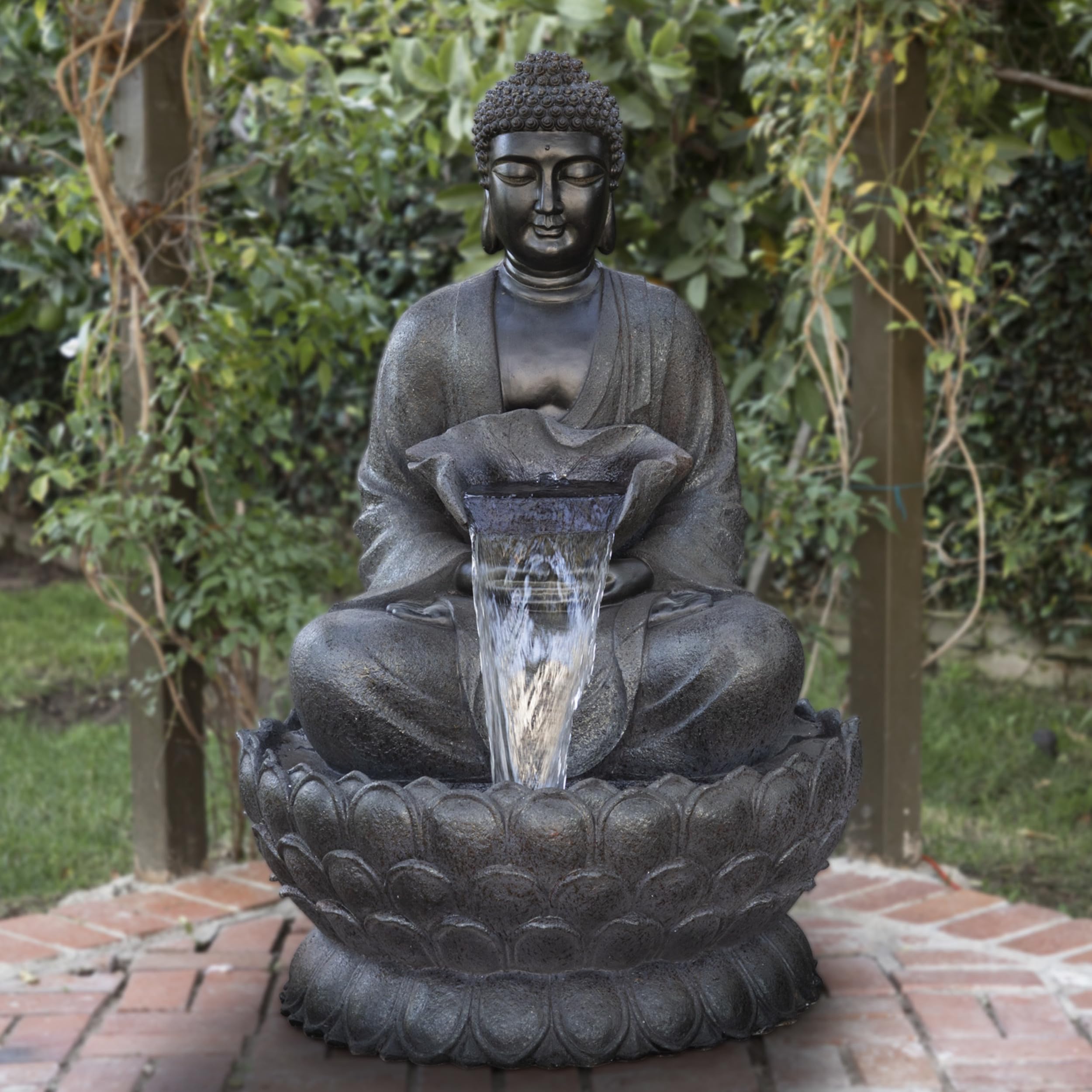 WIN1170 53" Outdoor Floor Calming Buddha Statue Waterfall Fountain – Realistic Stone Look