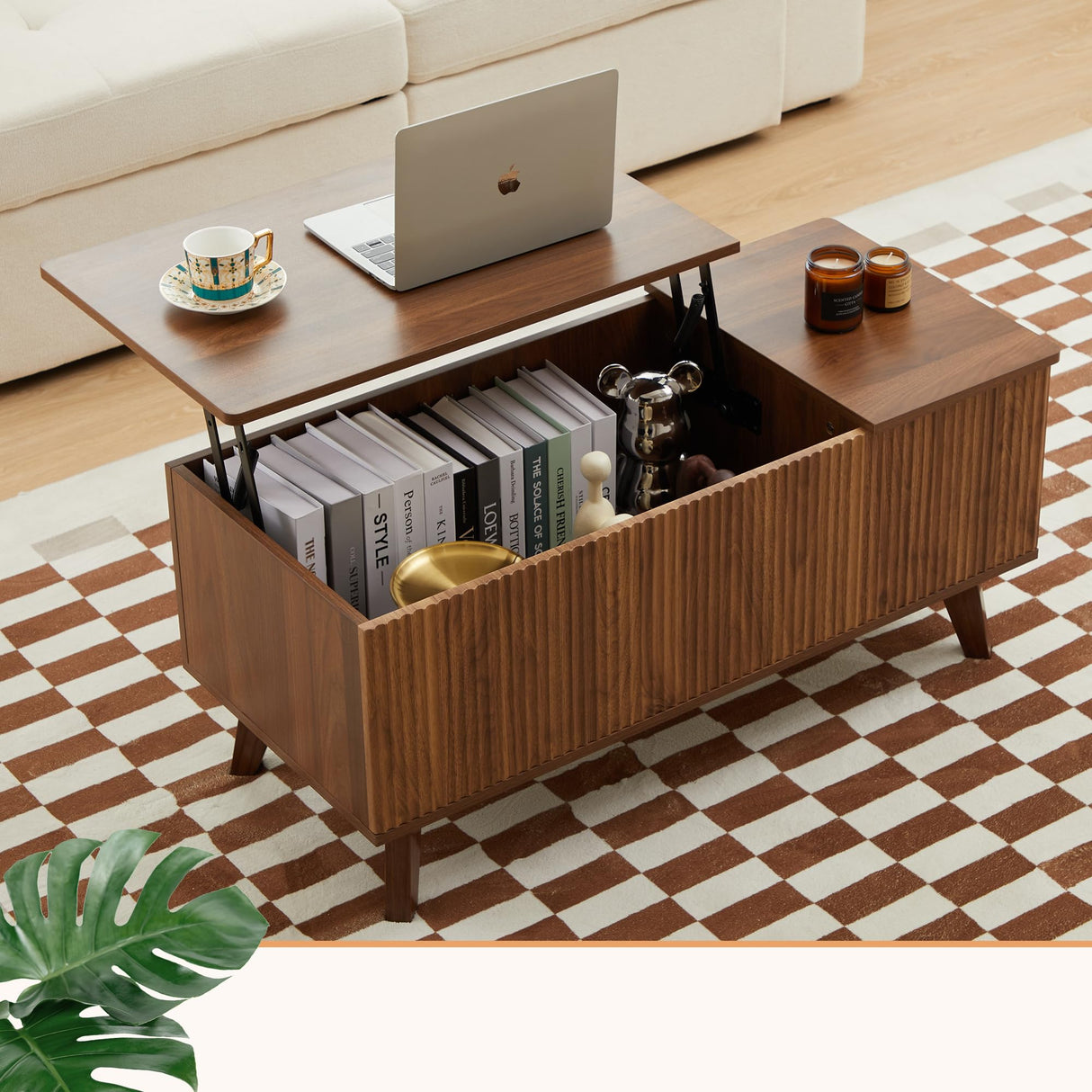 Wooden Fluted Lift Top Coffee Table with Hidden Compartment