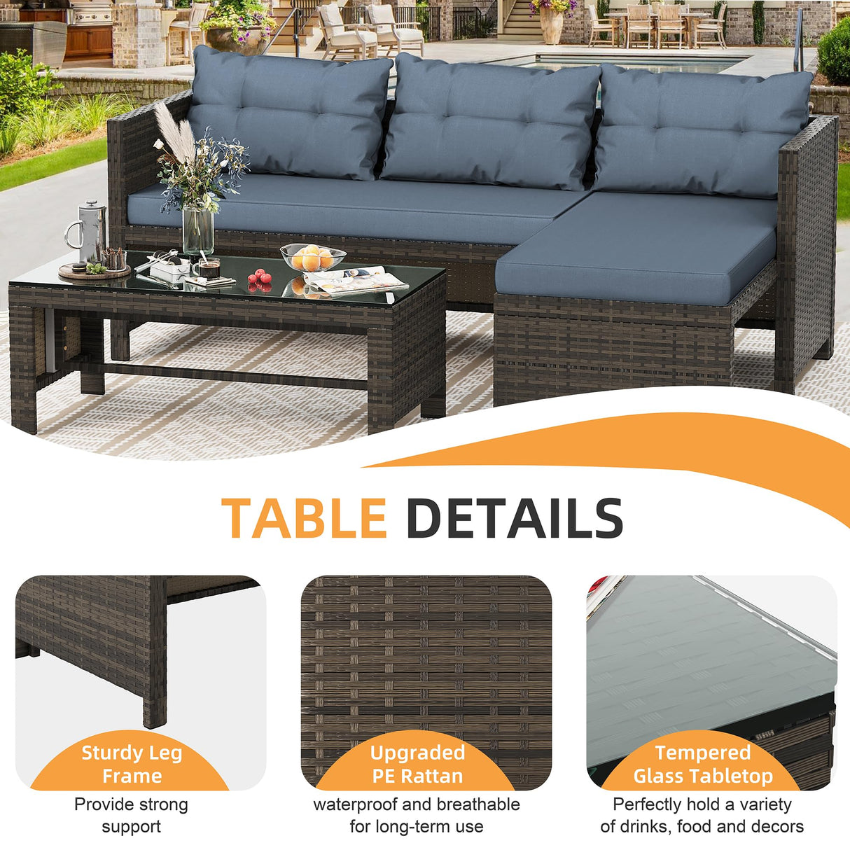 Outdoor Patio Furniture Sets, Wicker Patio sectional Sets 3-Piece