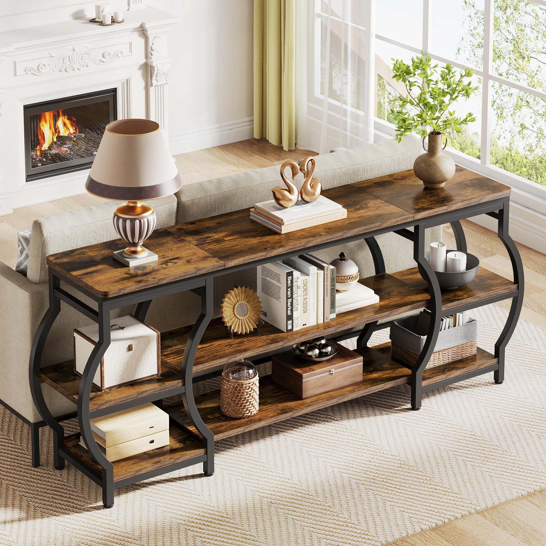 63” Long Console Table, 3 Tier Entryway Table with Storage Shelves, Industrial Sofa Table