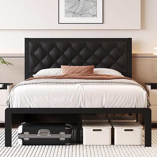 Queen Bed Frame with Headboard PU Leather Upholstered Bed Frame Platform,All Metal