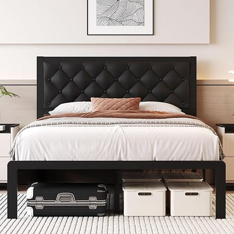 Queen Bed Frame with Headboard PU Leather Upholstered Bed Frame Platform,All Metal