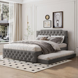Queen Size Upholstered Platform Bed with Twin Size Trundle and 2 Sets of USB Ports