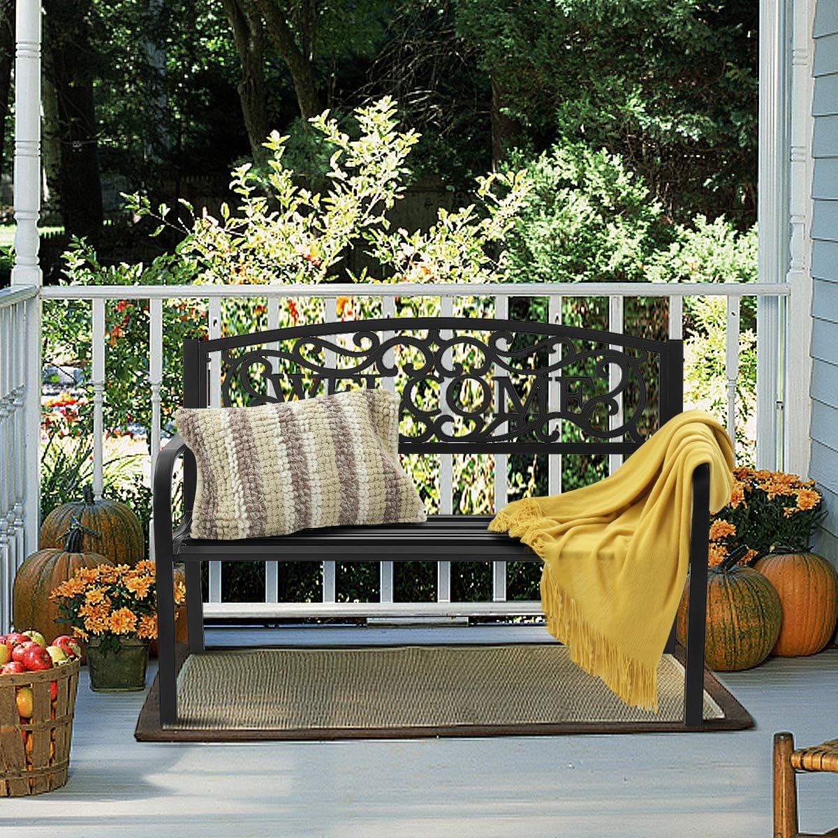 Garden Bench, Antique Metal Outside Bench w/Warm Welcome Pattern