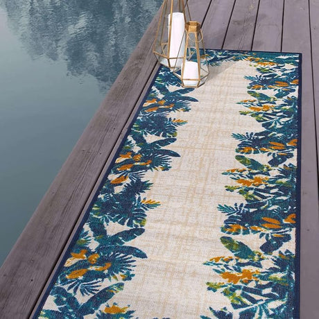 Contemporary Floral Border Non-Shedding Outdoor Rugs for Deck,Patio,