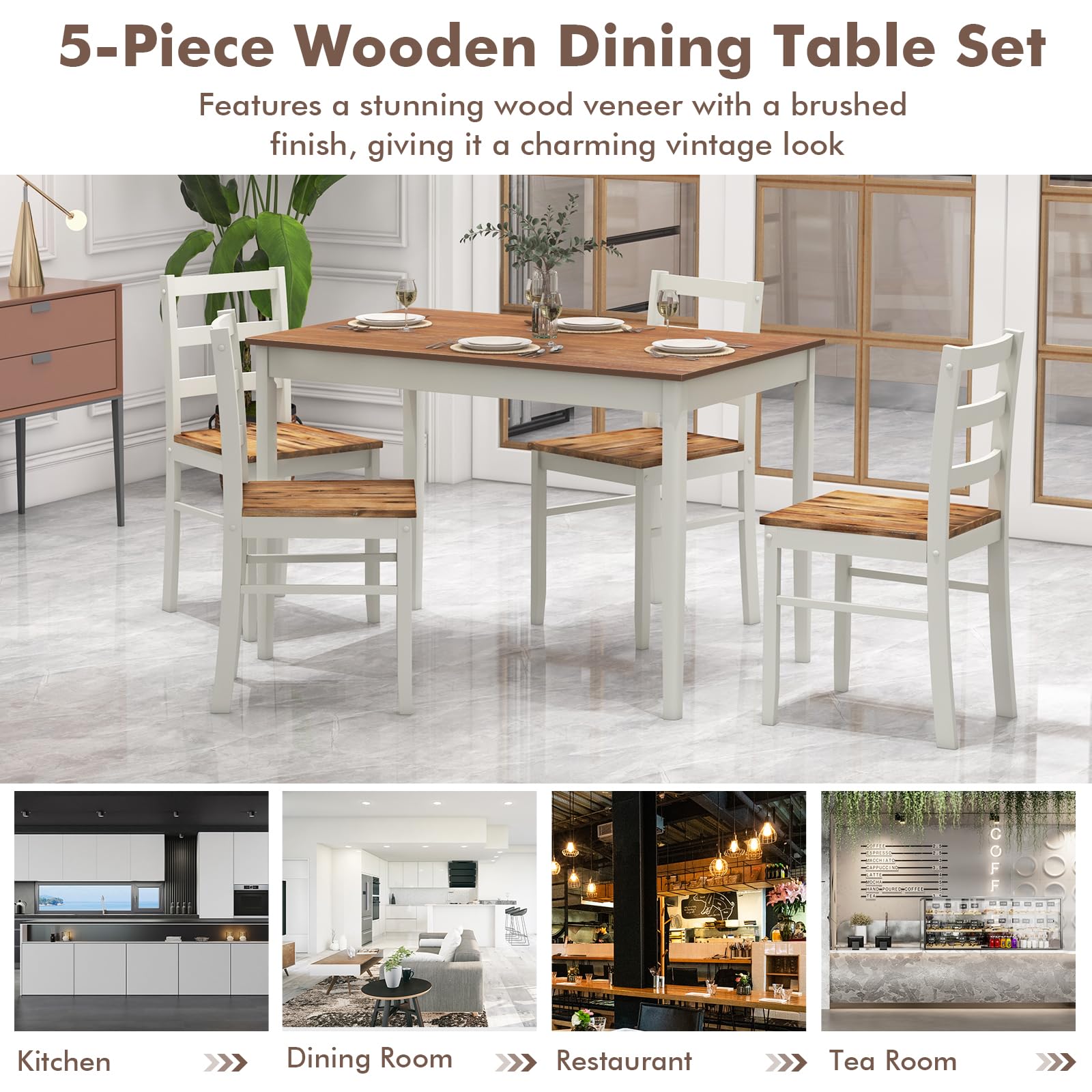 Dining Table Set for 4, Wood Kitchen Table Chairs Set with Rubber Wood Legs, Space