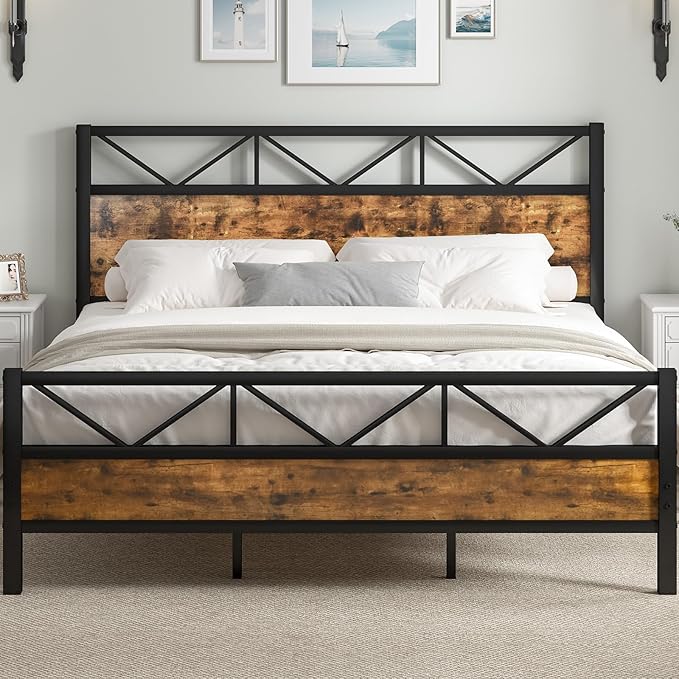 Industrial 51.2" Tall Headboard, King Platform Bed Frame with Heavy Duty Metal