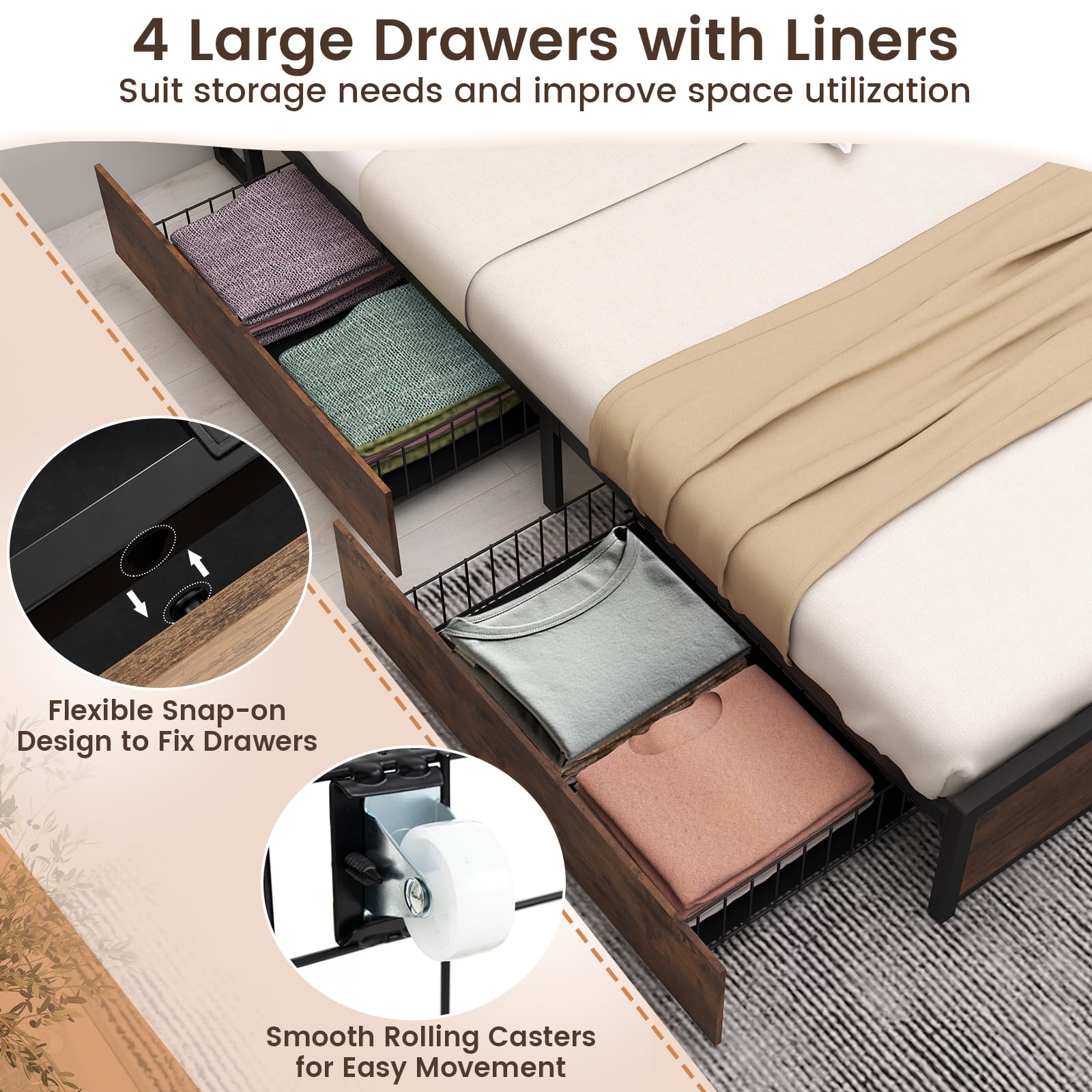 Giantex Queen Bed Frame with 4 Storage Drawers and Bookcase Headboard, Industrial Bed Frame with Charging Station, Heavy Duty Slats Support, No Box Spring Needed, Metal Queen Platform Bed with Storage