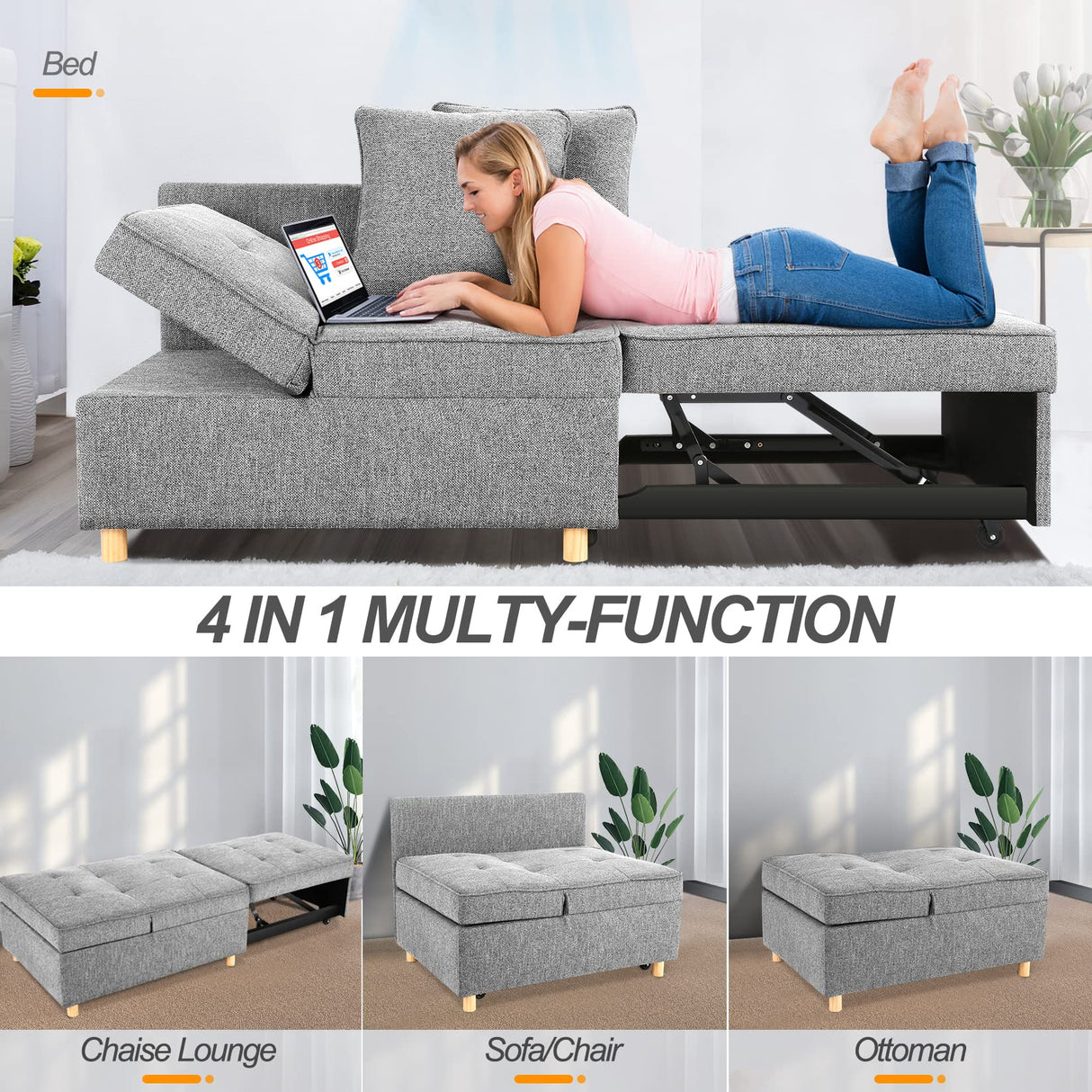 SEJOV Sofa Bed 4-in-1 Convertible Sofas & Couches, 3-Seat Linen Fabric loveseat Sofa with 2 Throw Pillow, Single Recliner for Small Space with 5 Adjustable Backrest, Grey