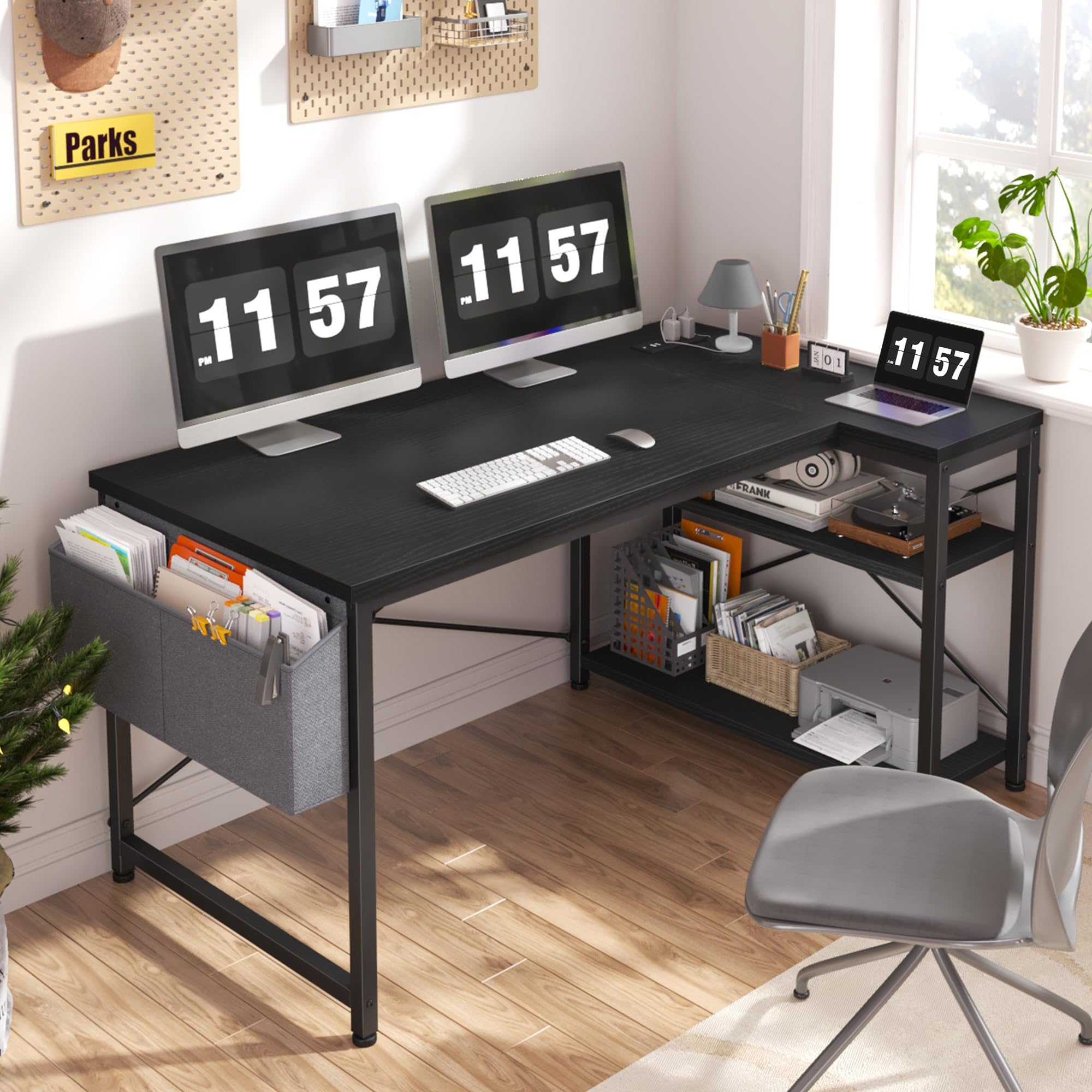 47" Computer Desk with Power Outlets,L Shaped Desk with Storage Shelves