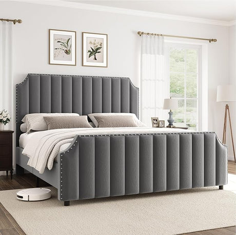 Queen Size Platform Bed Frame with 50.2" Headboard, Velvet Upholstered Bed Frame