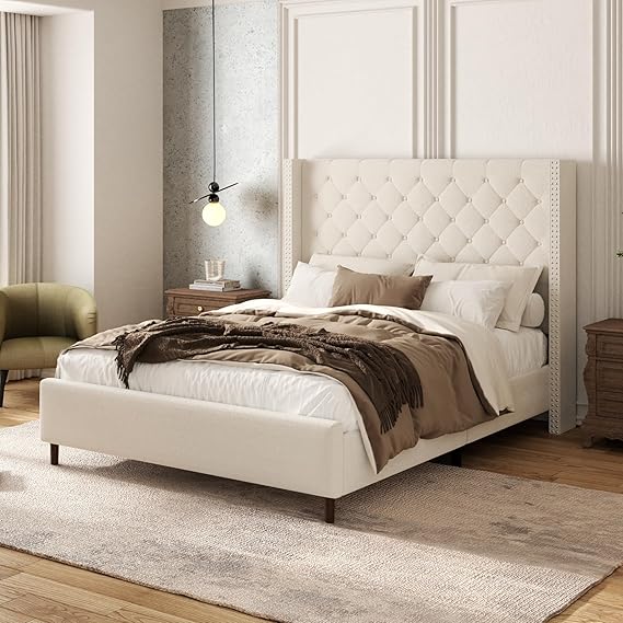 Queen Velvet Platform Bed with 58" Wingback Headboard