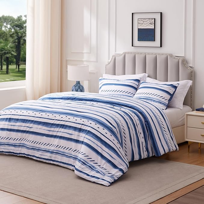 Willam Damask 3 Pieces Comforter Set Queen Size, Cotton Fabric with Microfiber Inner Fill