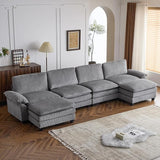 Sectional Sofa Modular Deep Seat Sofa Couch with Ottoman, Corduroy Sofa Sleeper Comfy Upholstered Furniture for Living Room, Apartment, Studio, Office, (3-Seat & 2-Ottoman, Gray)