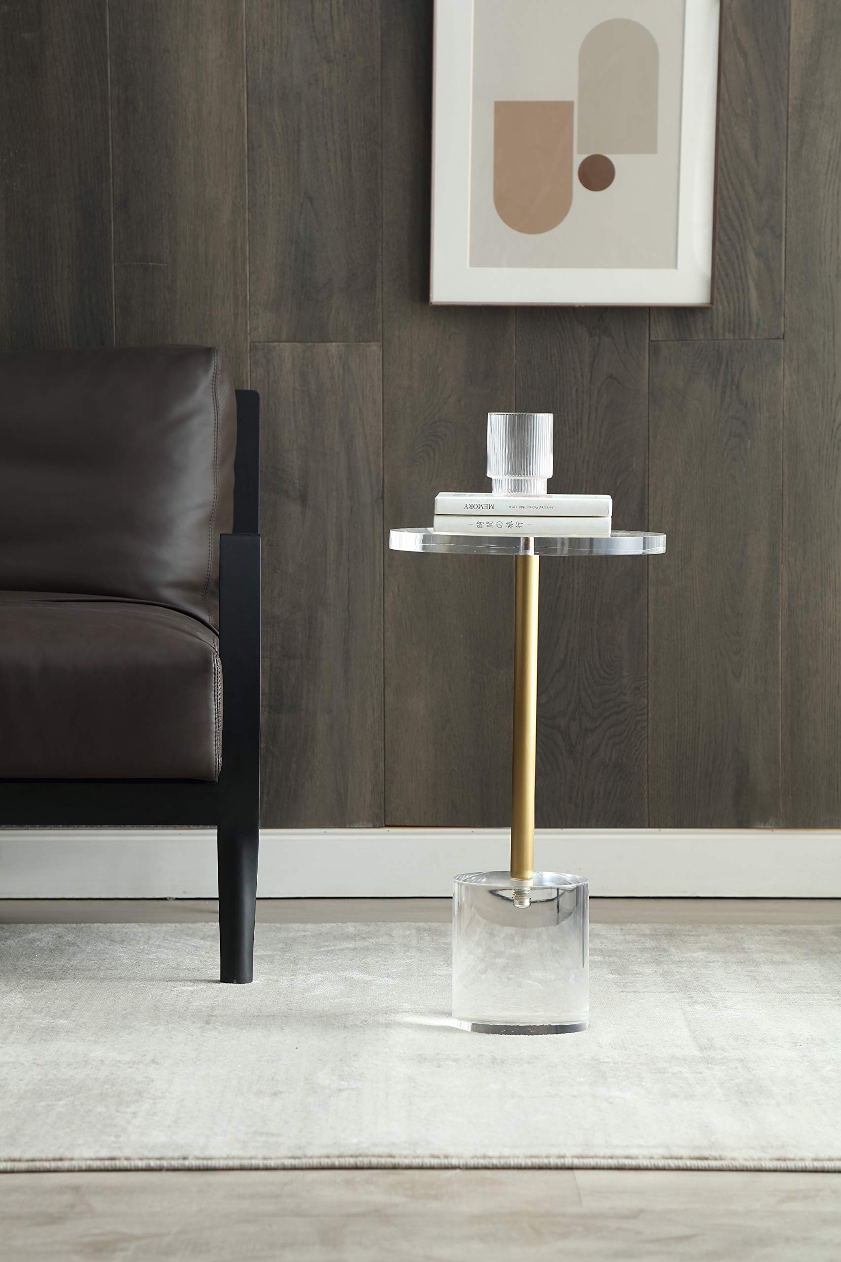 Clear Acrylic End Table,Side Table,Brushed Brass Metal,Round,for Office