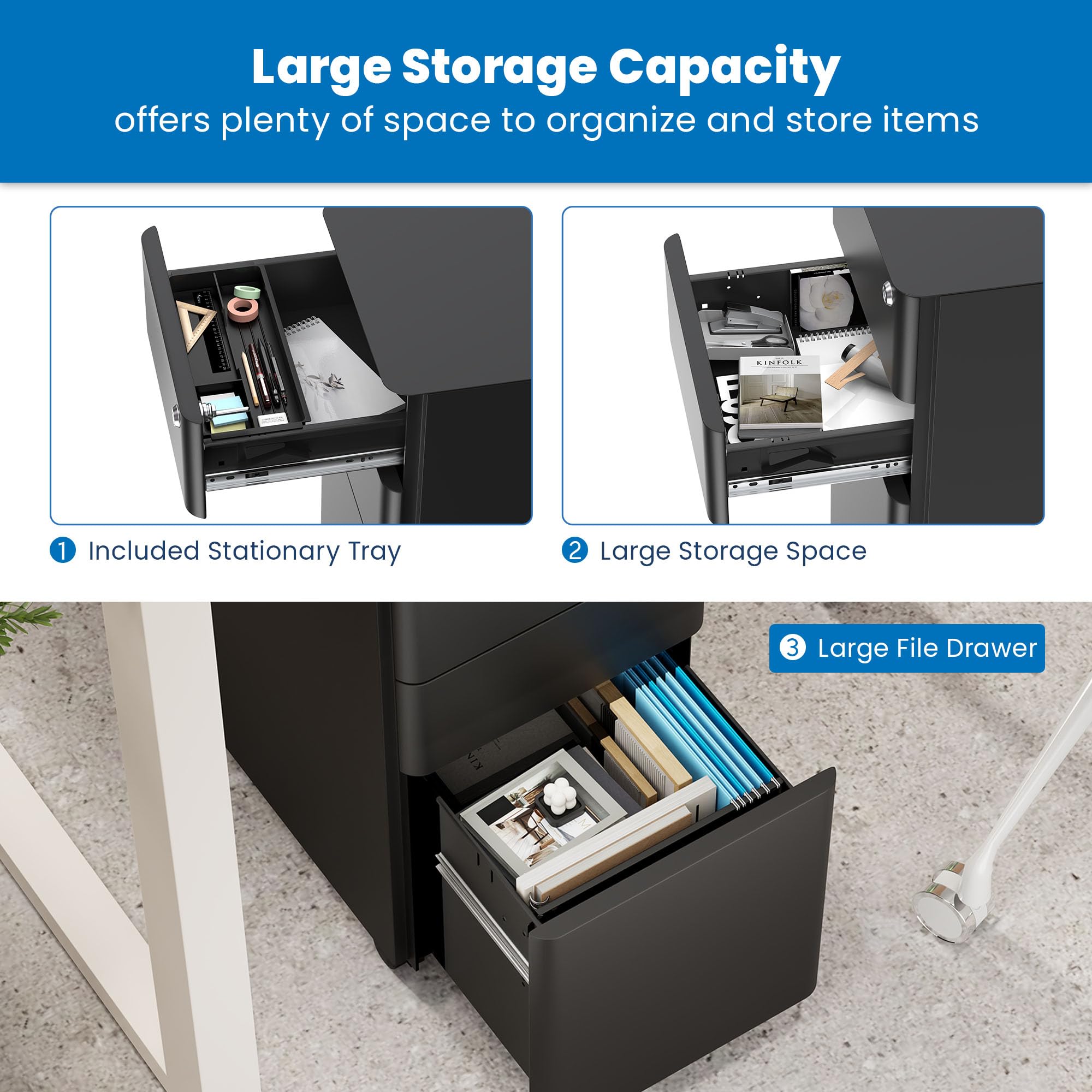 Mobile File Pedestal, File Cabinet with 3 Drawers, Slim Design Under Desk Storage