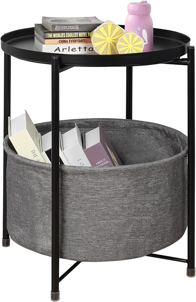 End Table 2-Tier Metal Round Side Table with Removable Tray for Living Room (Yellow)