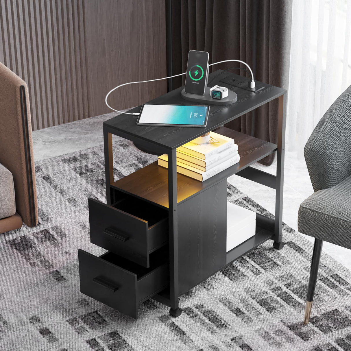 Side Table with Charging Station, End Table with Led Light, Black Nightstand with 2 Drawers, 3-Tier Storage, Wheels and USB Ports & Outlets for Bedroom