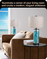 EDISHINE 23.6" Glass Table Lamp Set of 2, DIY Refillable Bedside Lamp with Linen Lampshade & Rotary Switch, E26 Base, Nightstand Light for Living Room, Bedroom, Office