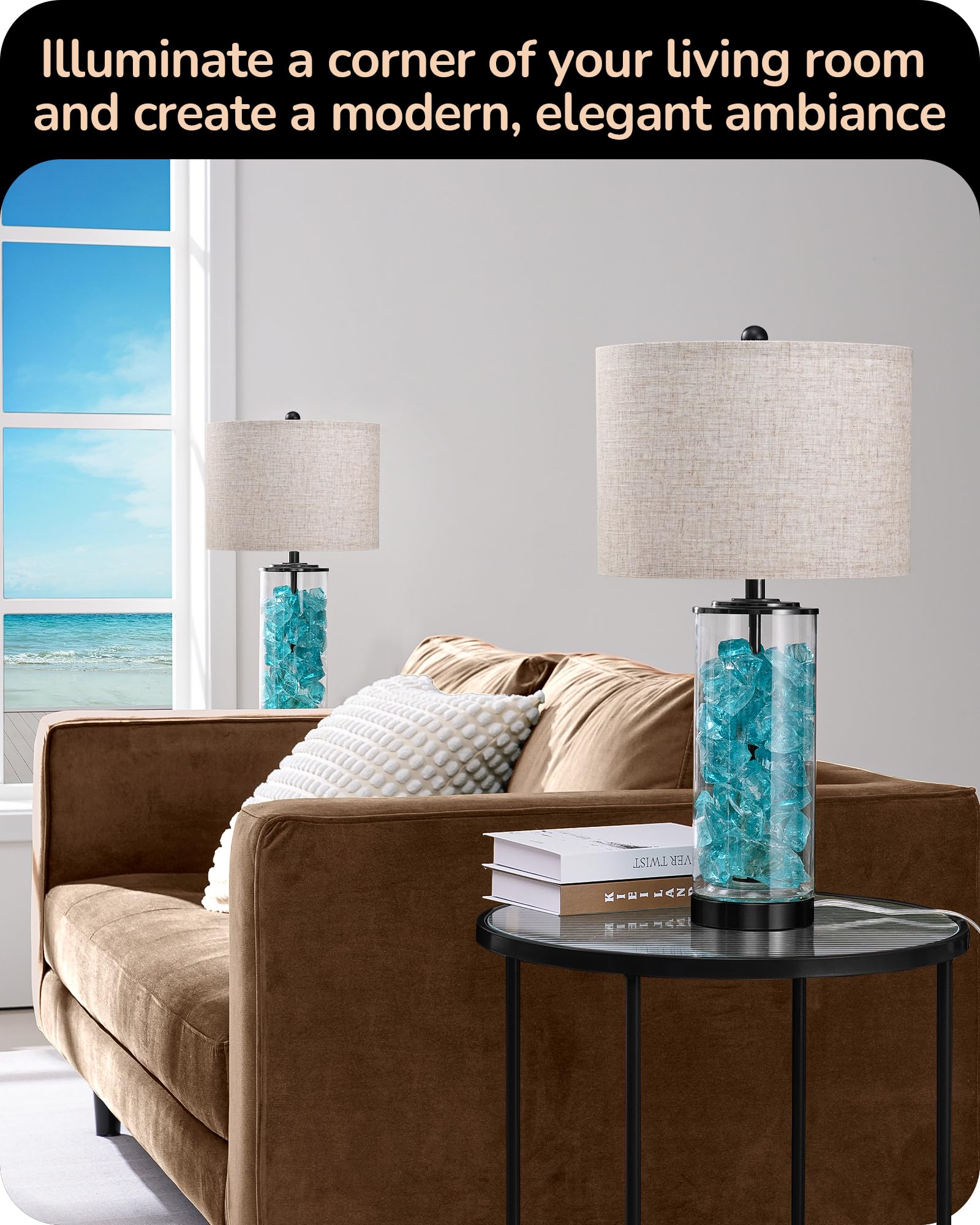 23.6" Glass Table Lamp Set of 2 - DIY Refillable Bedside Lamps with Linen Lampshade