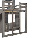 House Bunk Beds with Slide, Wood Twin Over Full Bunk Beds with Roof and Guard Rail