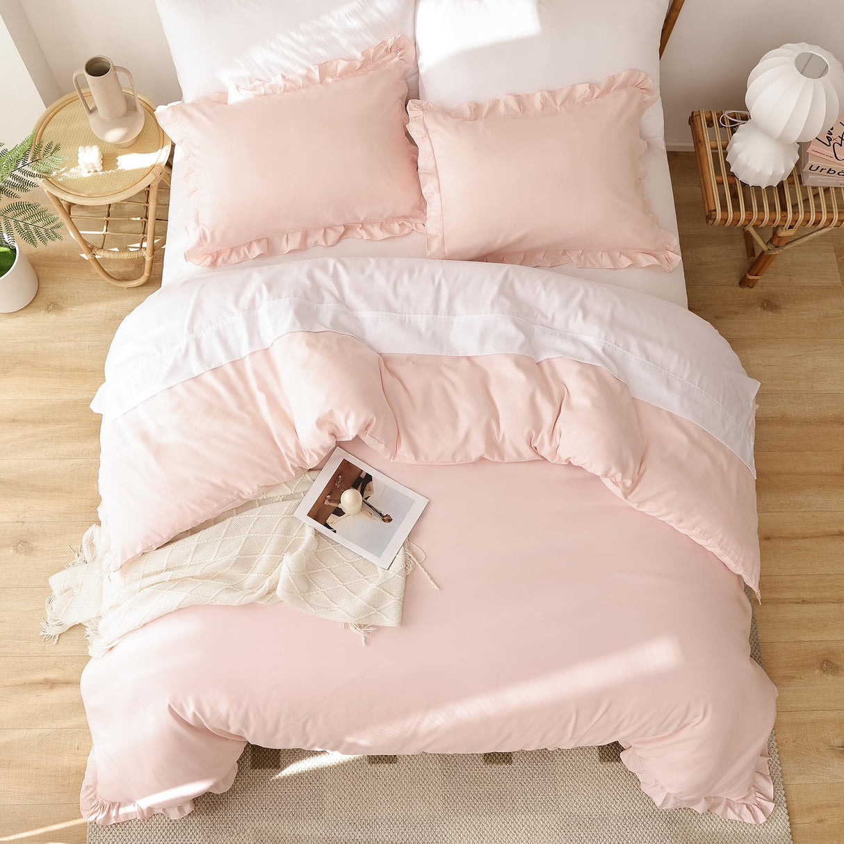 California King Comforter Set Beige Ruffle Comforter 3PCS Soft Fluffy Boho Comforter