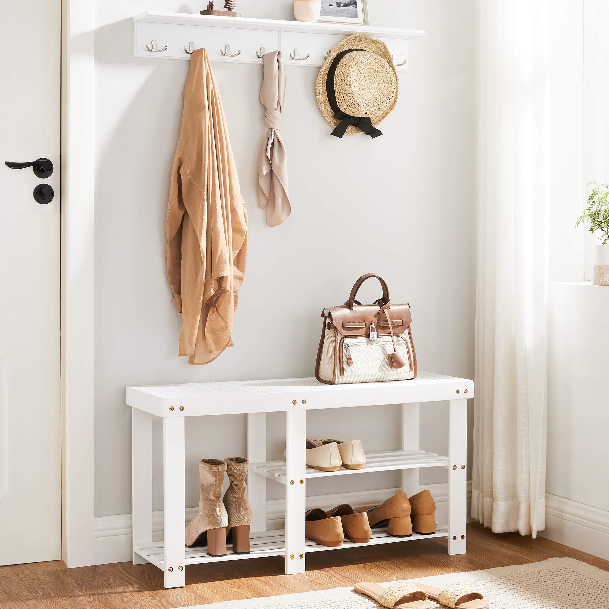 Bamboo Shoe Bench, Shoe Rack for Boots, Entryway Storage Organizer