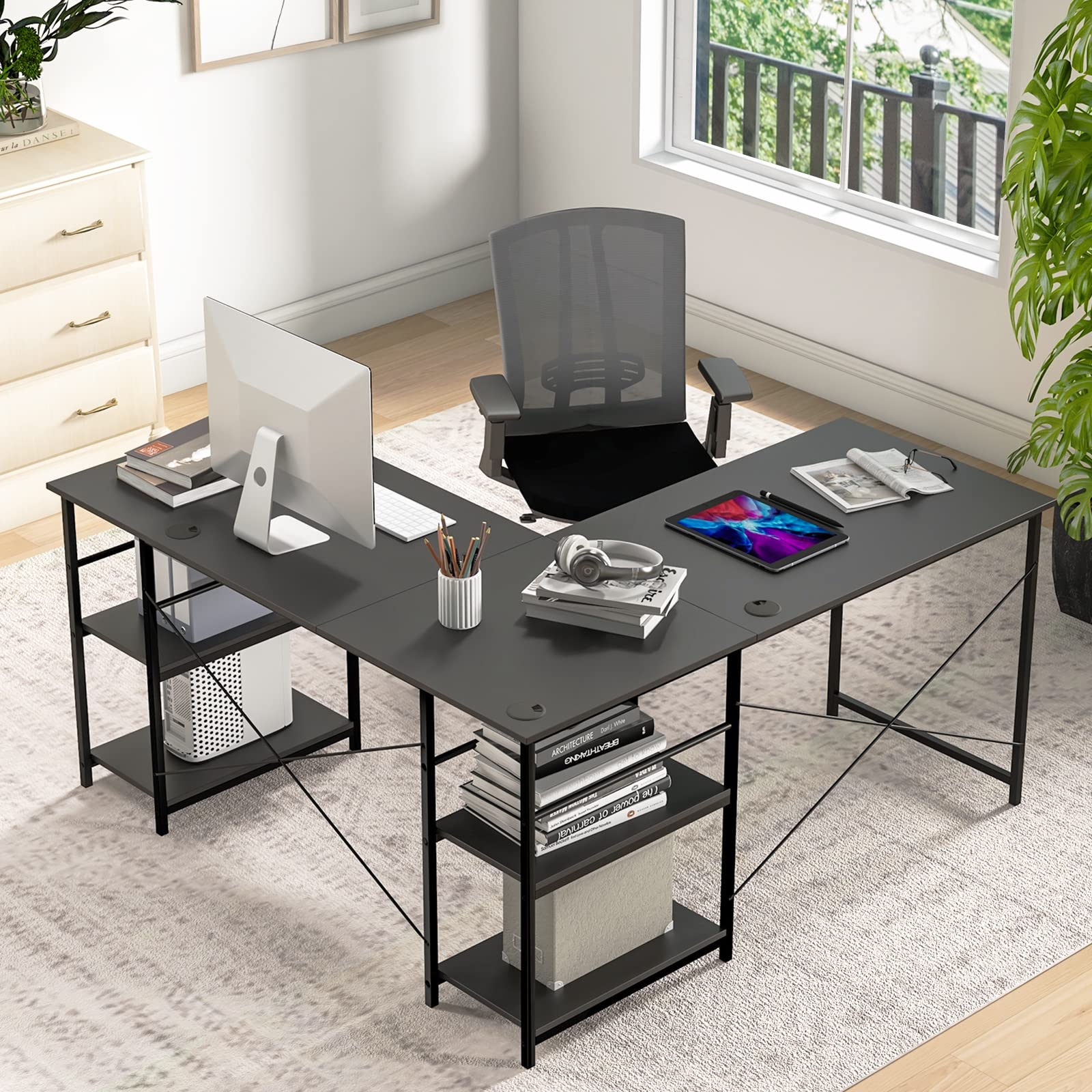 L Shaped Computer Desk, 60" Reversible Corner Desk with 4 Storage Shelves & Cable