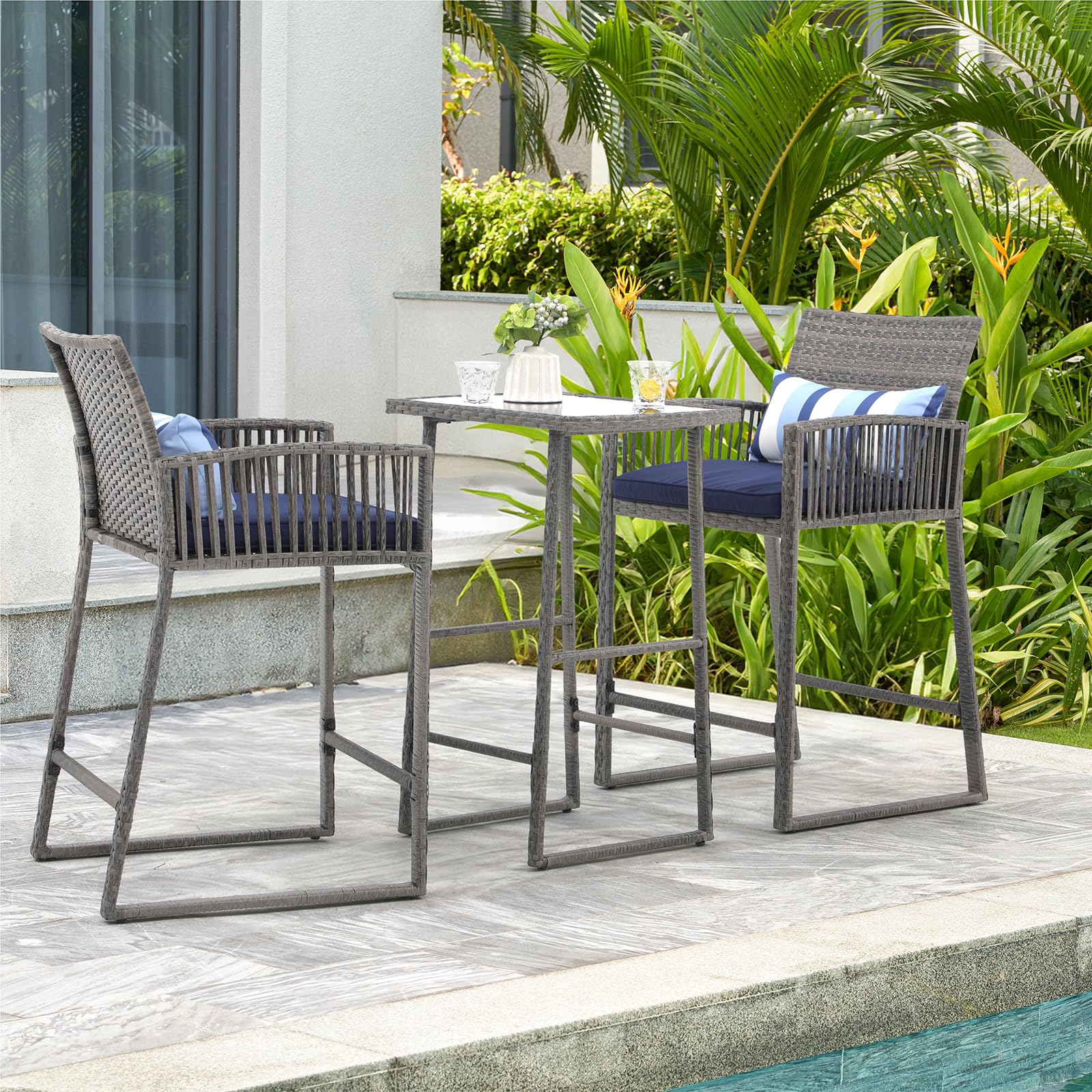 3-Piece Outdoor Wicker Bar Height Table Set, 2 Bar Stools and 1 Pub Table